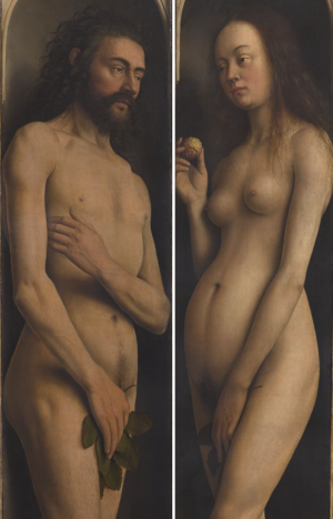 Adam (left) and Eve (right) (detail), Jan van Eyck, Ghent Altarpiece, completed 1432, oil on wood, 11 feet 5 inches x 15 feet 1 inch (open), Saint Bavo Cathedral, Ghent, Belgium (photo: Closer to Van Eyck)